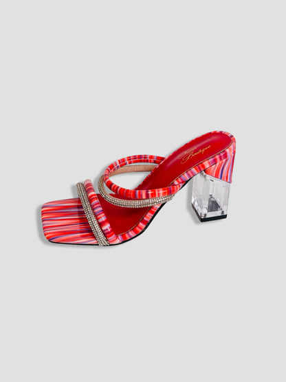 Rainbow Strappy Clear Block Heels With Crystal