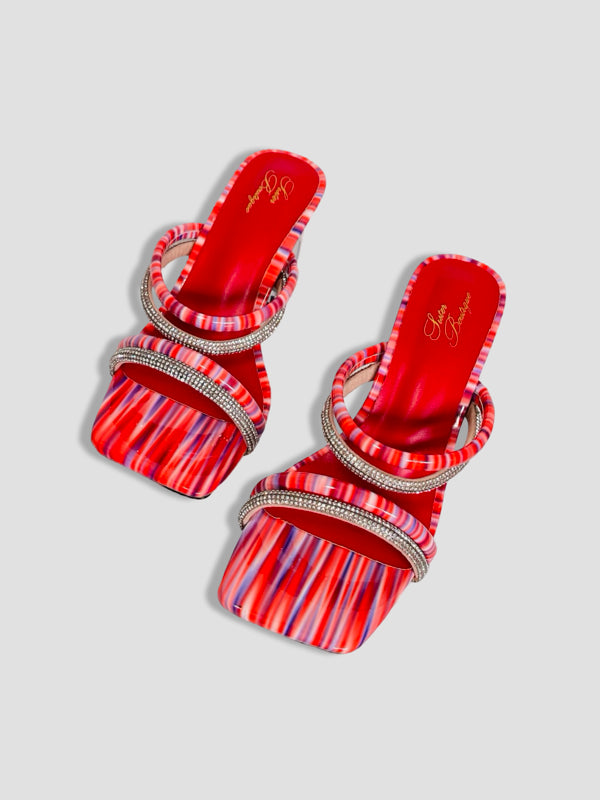 Rainbow Strappy Clear Block Heels With Crystal
