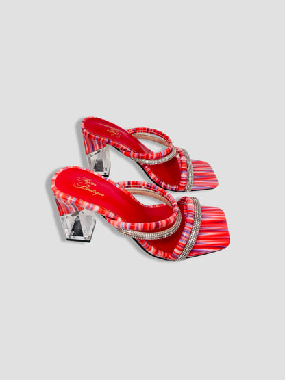Rainbow Strappy Clear Block Heels With Crystal