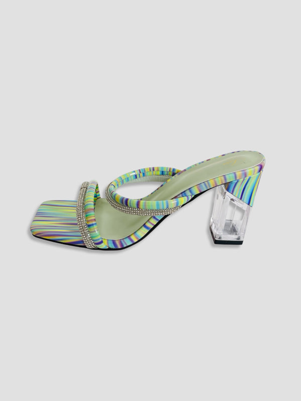 Rainbow Strappy Clear Block Heels With Crystal
