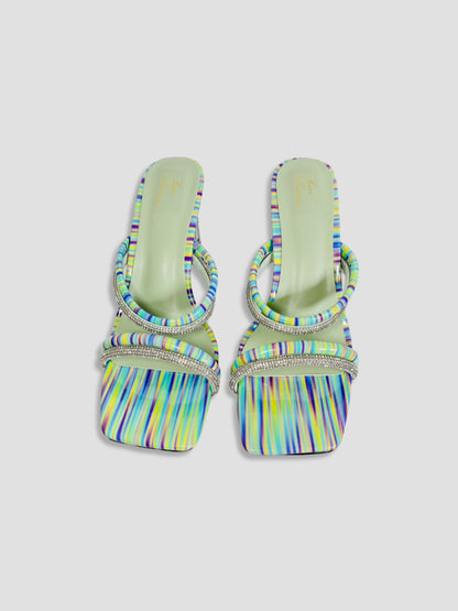 Rainbow Strappy Clear Block Heels With Crystal