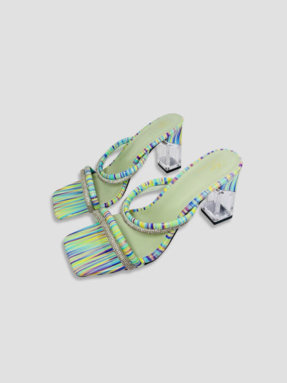 Rainbow Strappy Clear Block Heels With Crystal