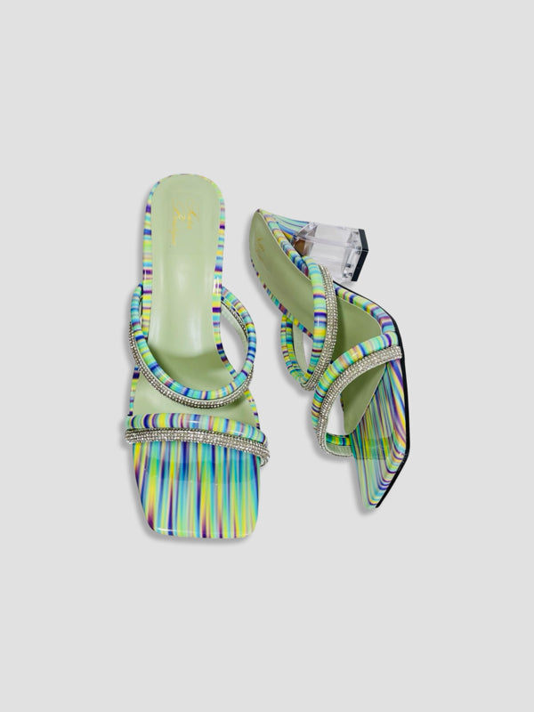 Rainbow Strappy Clear Block Heels With Crystal