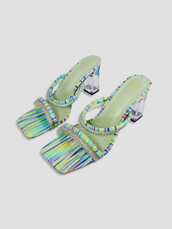 Rainbow Strappy Clear Block Heels With Crystal