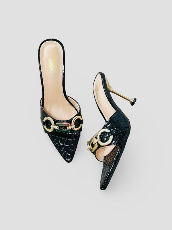 Bold Buckle Croc Mules
