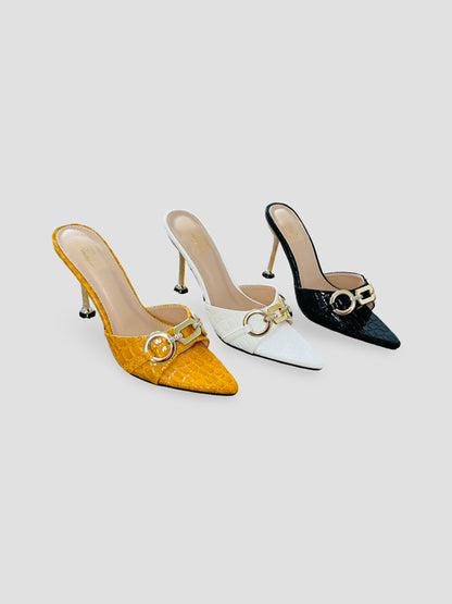 Bold Buckle Croc Mules