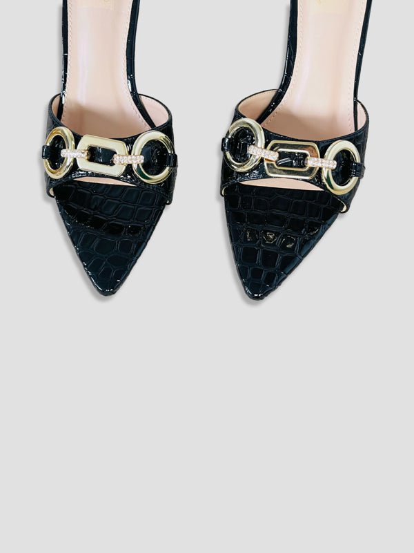 Bold Buckle Croc Mules