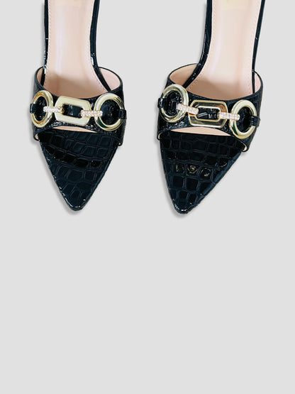 Bold Buckle Croc Mules