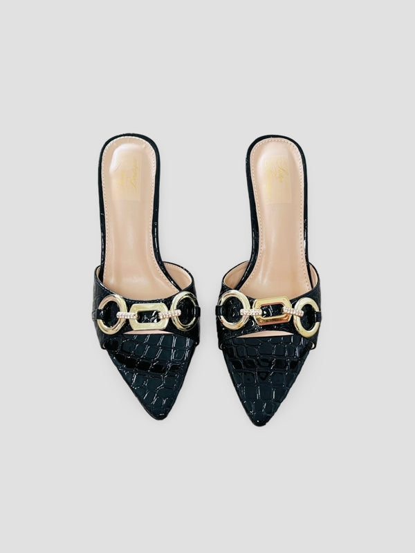 Bold Buckle Croc Mules