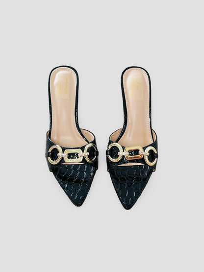 Bold Buckle Croc Mules