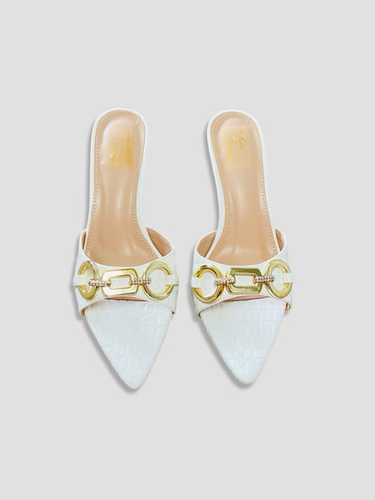 Bold Buckle Croc Mules