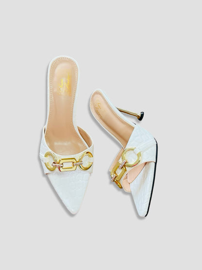 Bold Buckle Croc Mules