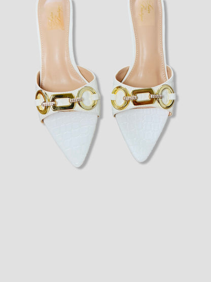 Bold Buckle Croc Mules