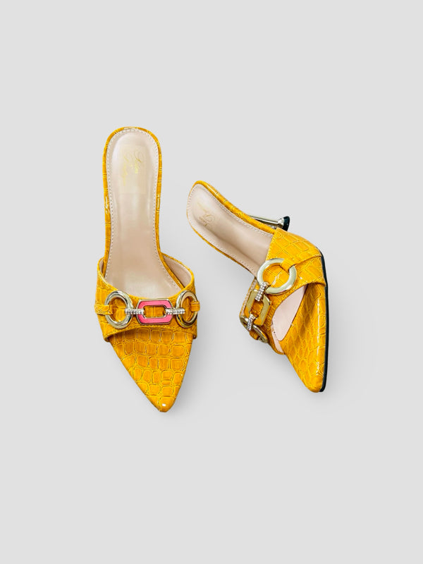 Bold Buckle Croc Mules