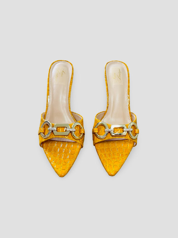 Bold Buckle Croc Mules